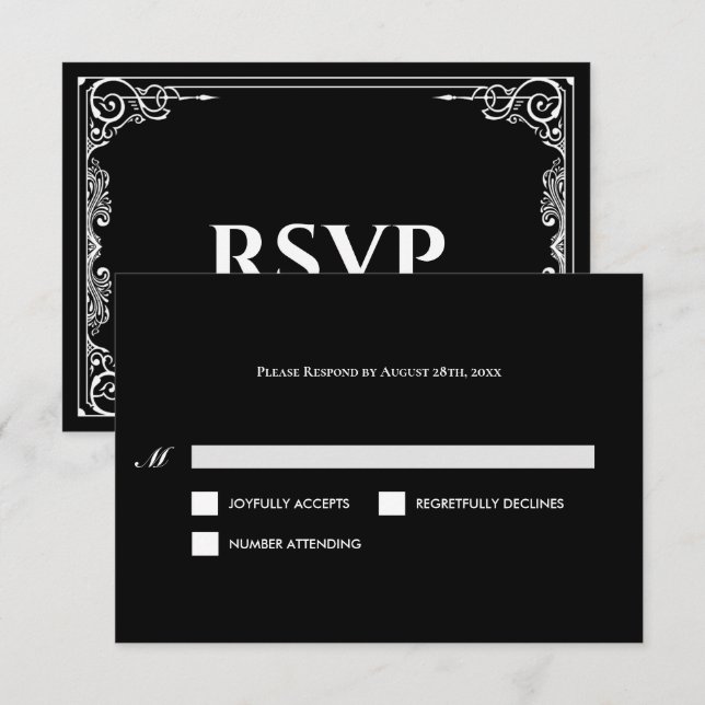Elegant black and white Gothic Wedding RSVP Card (Frente/Verso)