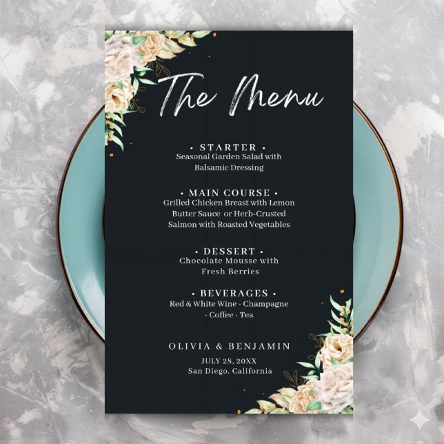 Elegant Black Floral Wedding Menu Template (Criador carregado)