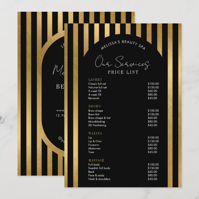 Elegant Black & Gold Lashes Hair Spa Price List (Frente/Verso)