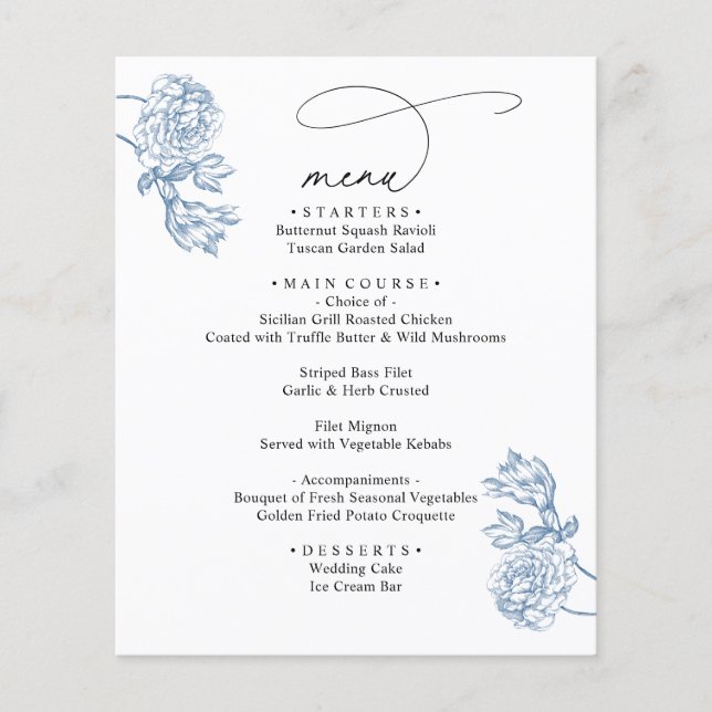 Elegant Blue Floral Modern Script Wedding Menu  (Frente)