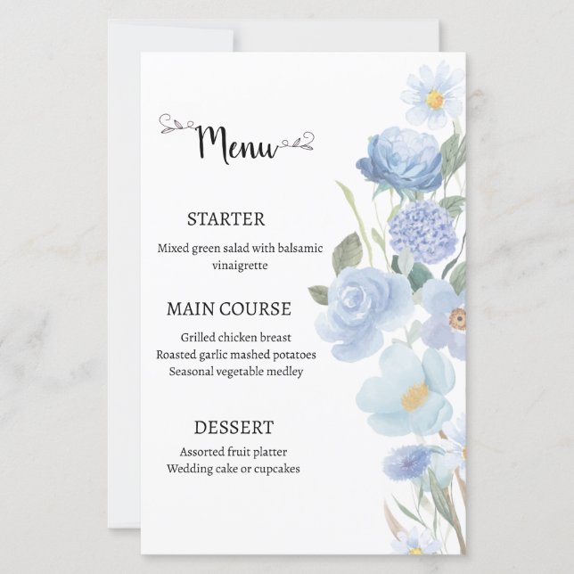 Elegant Blue Floral Wedding Menu (Frente)