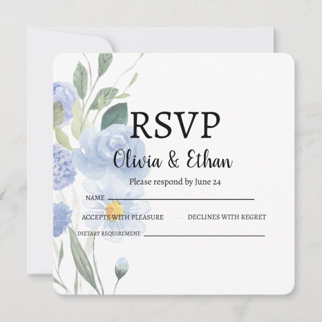 Elegant Blue Floral Wedding RSVP Card (Frente)
