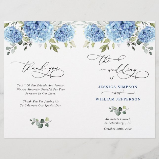 Elegant Blue Hydrangea Wedemony Program (Frente)