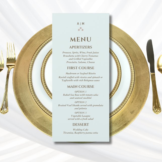 Elegant Blue Monogram Pearl Christian Wedding Menu (Criador carregado)