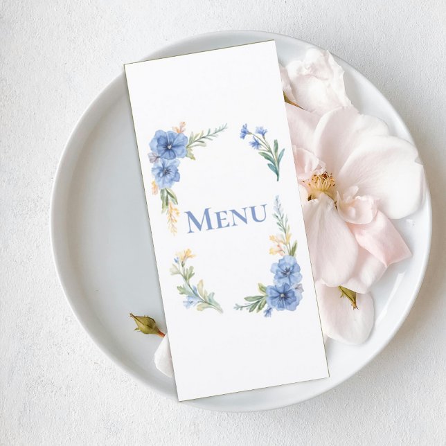 Elegant Blue Watercolor Floral Wedding Menu Card (Criador carregado)