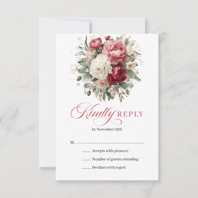 Elegant Boho Red Blush Floral Wedding RSVP Card (Frente)