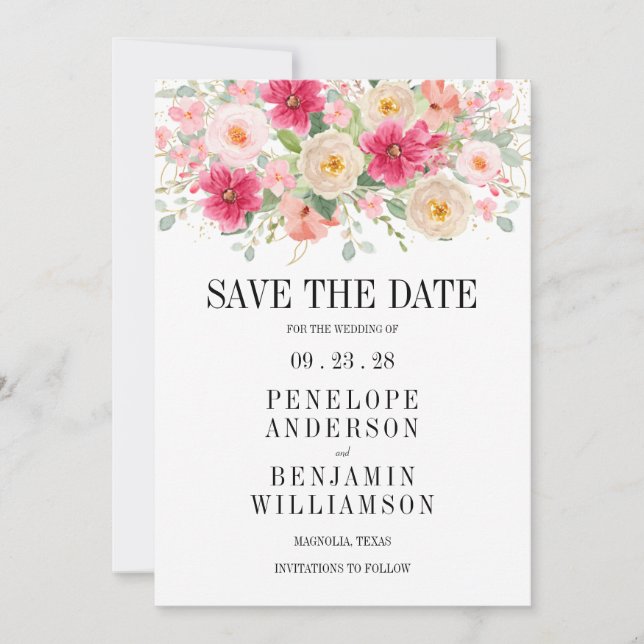 Elegant Bright Pink Floral Wedding Save The Date (Frente)