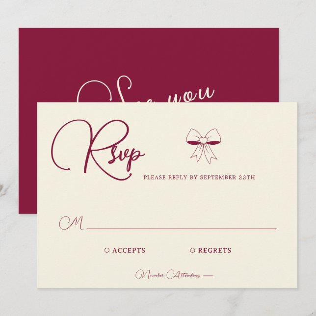 Elegant Burgundy Cream Ivory Bow Wedding RSVP Card (Frente/Verso)