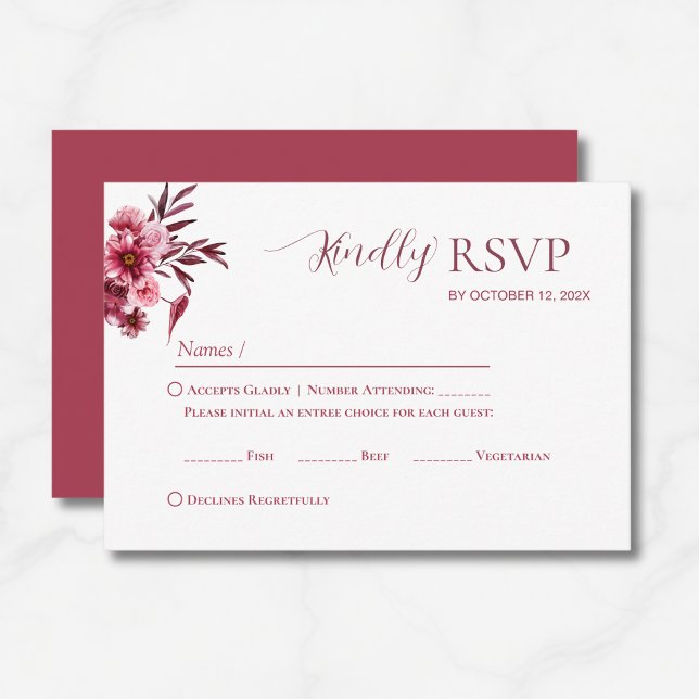 Elegant Burgundy Floral Wedding RSVP Card (Criador carregado)