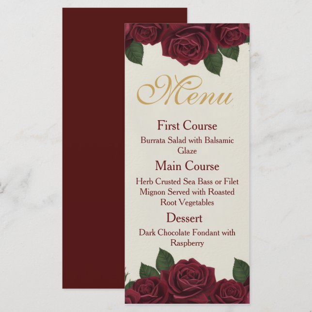 Elegant Burgundy Rose and Gold Floral Wedding Menu (Frente/Verso)