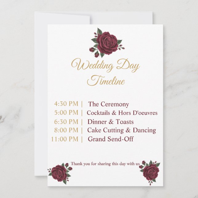 Elegant Burgundy Rose & Gold Wedding Day Timeline  (Frente)