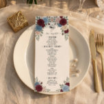 Elegant Burgundy Roses Wedding Menu<br><div class="desc">Enhance your garden reception with this sophisticated dining stationery, featuring a rich botanical palette of deep red and soft blush petals. This layout employs a formal typographical hierarchy, utilizing a sweeping handwritten script for headers balanced by a highly legible, traditional serif font for course details. The text is framed by...</div>