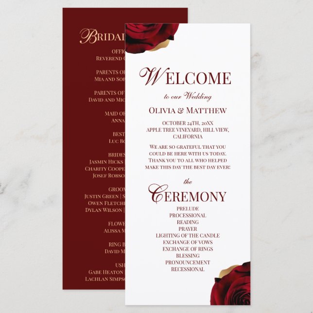 Elegant Burgundy Wedding Program (Frente/Verso)