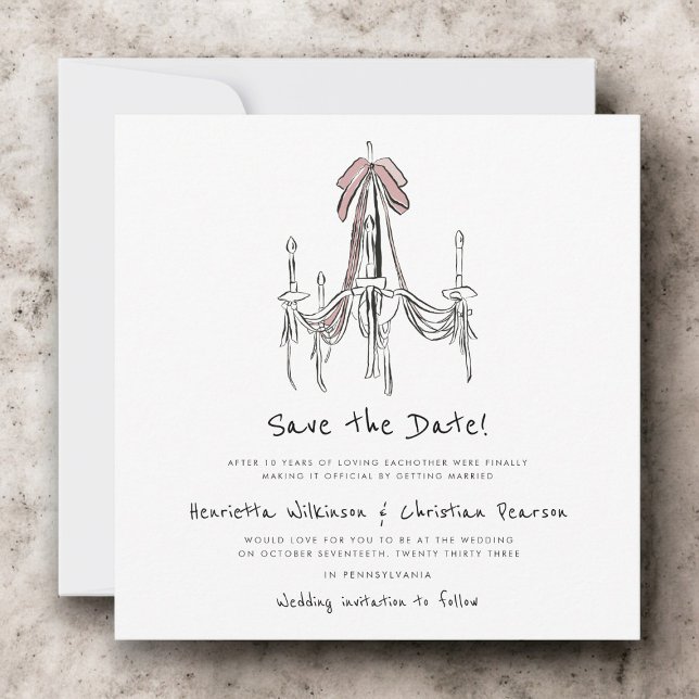 Elegant Chandelier Pink Bow Sketch Save the Date (Criador carregado)
