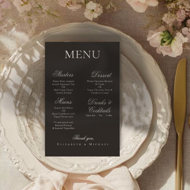 Elegant Charcoal Gold Boho Minimalist Wedding Menu (Criador carregado)