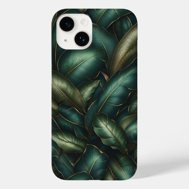 Elegant Dark Emerald Tropical Leaves and Gold Vein (Verso)