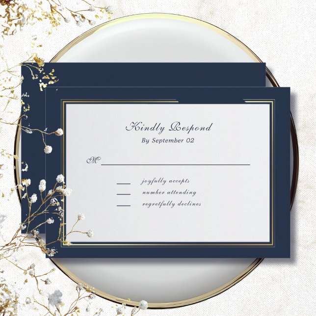Elegant Dark Navy Gold Frame Traditional  RSVP (Criador carregado)