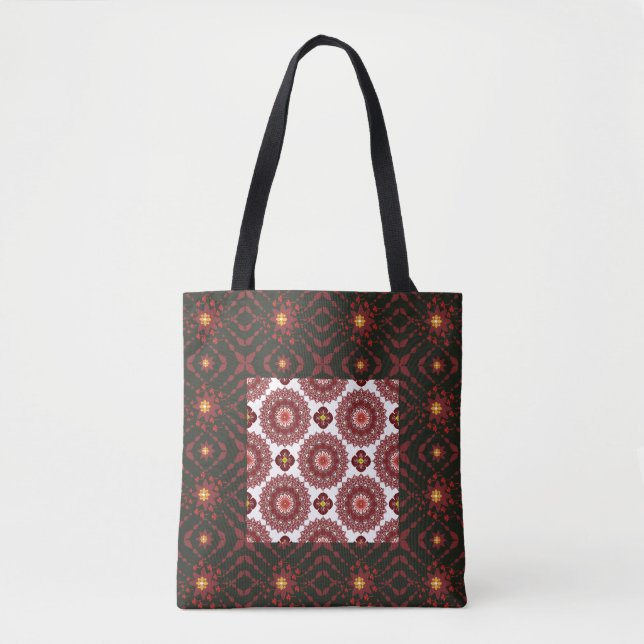 Elegant Dark Red Geometric Mandala Tote Bag – Arti (Frente)