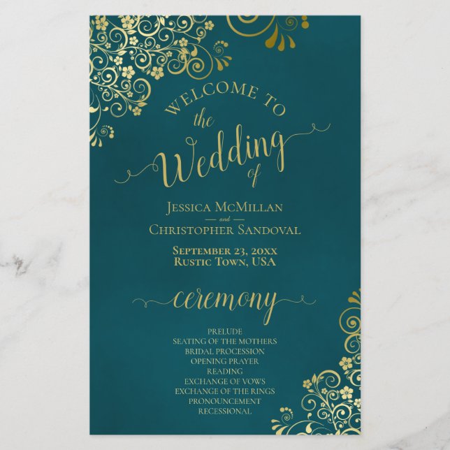 Elegant Dark Teal & Gold Budget Wedding Program (Frente)