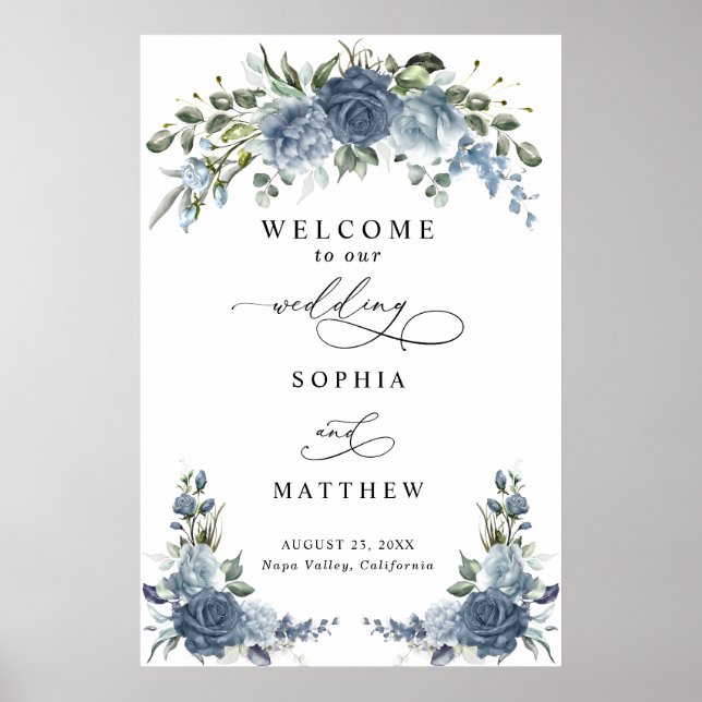 Elegant Dusty blue Floral Wedding Poster (Frente)