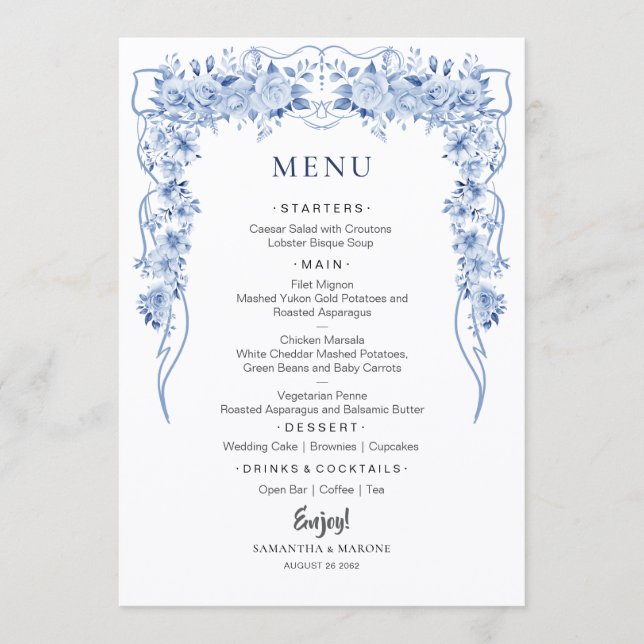Elegant Dusty Blue Roses Bow Wedding Menu  (Frente)