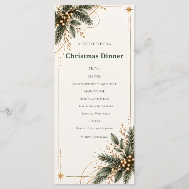 Elegant Evergreen Gold Christmas Dinner Menu (Frente)
