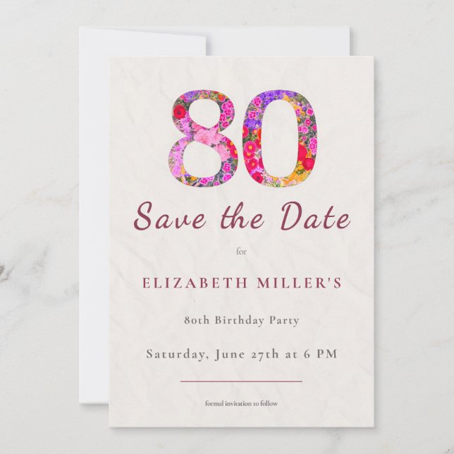 Elegant Floral 80th Birthday Save the Date Card (Frente)