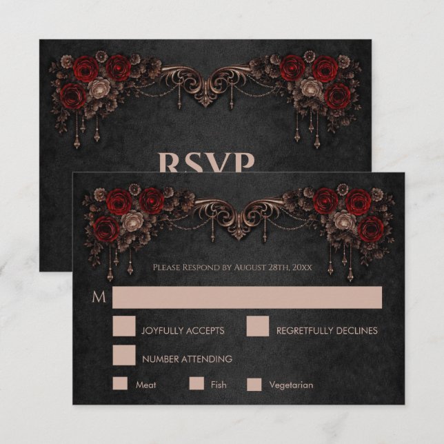 Elegant floral gothic Wedding RSVP Card (Frente/Verso)
