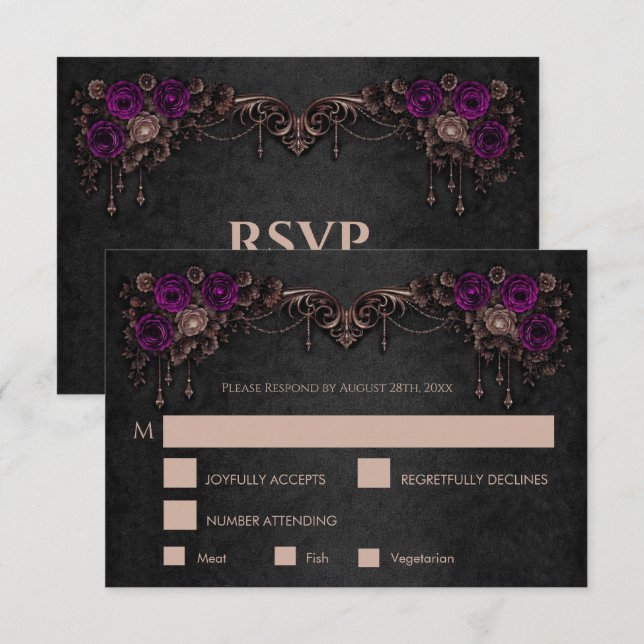 Elegant floral gothic Wedding RSVP Card (Frente/Verso)