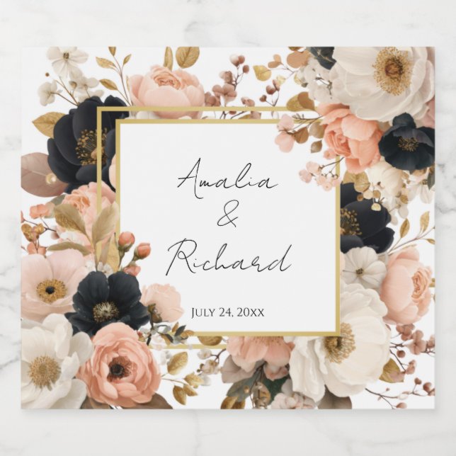Elegant Floral Personalized Wedding Bottle Labels (Rótulo Único)