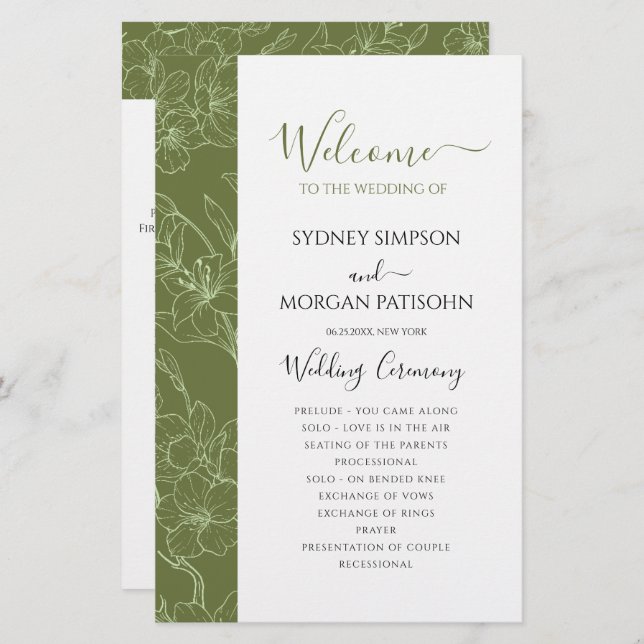 Elegant Floral Sage Green Wedemony Program (Frente/Verso)
