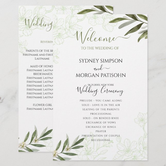 Elegant Floral Sage Green Wedemony Program (Frente/Verso)