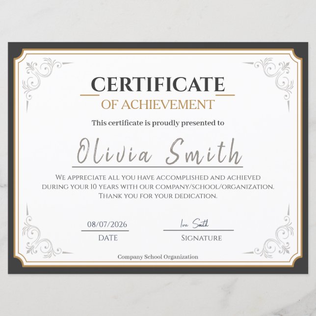 Elegant Gold Border Certificate of Achievement (Frente)