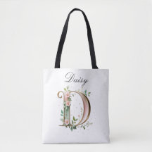 Elegant Gold Floral Letter D All-Over Print Tote