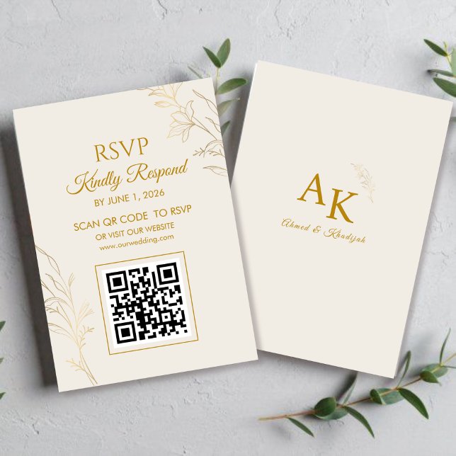 Elegant Gold Floral QR Code Wedding RSVP Card (Criador carregado)