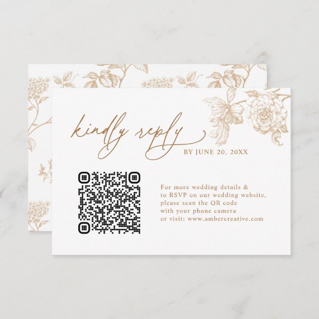 Elegant Gold Floral QR code Wedding RSVP Cards (Frente/Verso)