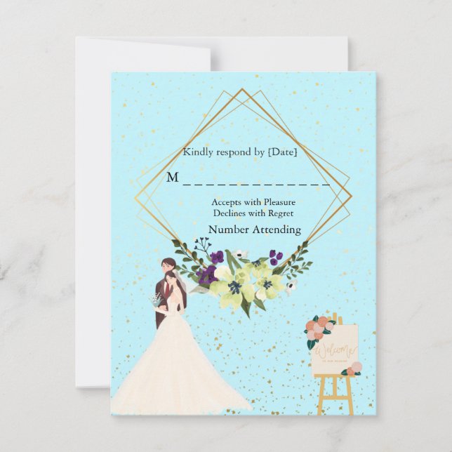 Elegant Gold Geometric Dusty Blue RSVP Card (Frente)