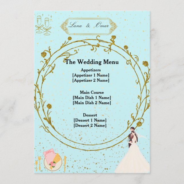 Elegant Gold Geometric Dusty Blue Wedding Menu  (Frente)