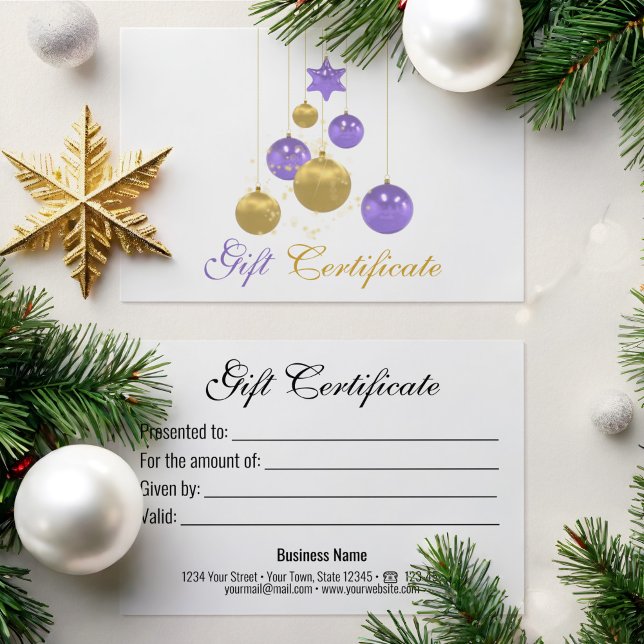 Elegant Gold Purple Christmas Ornament Gift Card (Criador carregado)