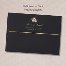 Elegant Gold Roses Black Wedding Envelope