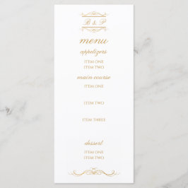 Elegant Gold & White Monogram Wedding Menu Card