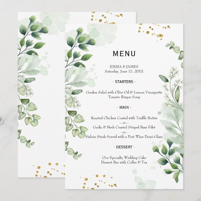 Elegant Greenery Watercolor Wedding Menu (Frente/Verso)