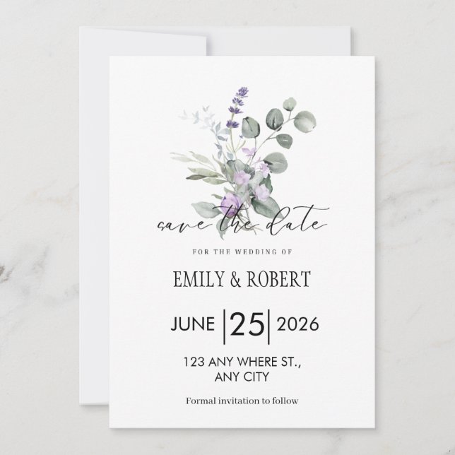 Elegant Lavender Floral Minimalist Save the Date (Frente)