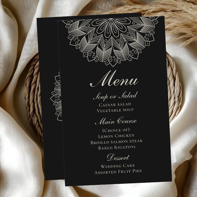 Elegant Mandala Indian Boho Black Wedding Menu (Criador carregado)