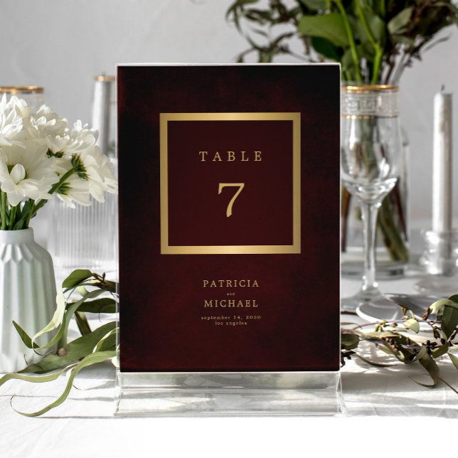 Elegant modern gold burgundy wedding table number (Criador carregado)