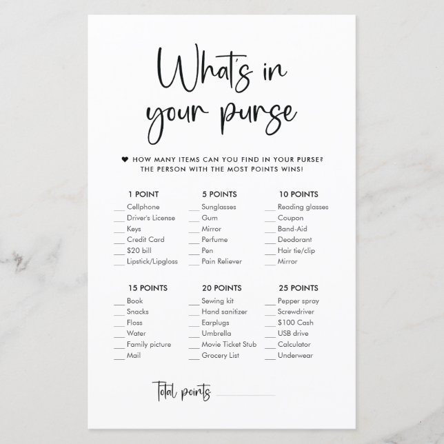 Elegant Modern Script | What's In Your Purse Game (Frente)