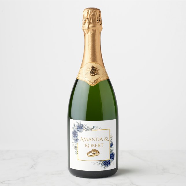 Elegant Navy and Gold Floral Sparkling Wine Label (Frente)