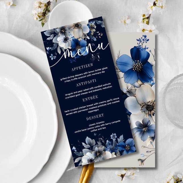 Elegant Navy Blue and Silver Floral Wedding Menu  (Criador carregado)