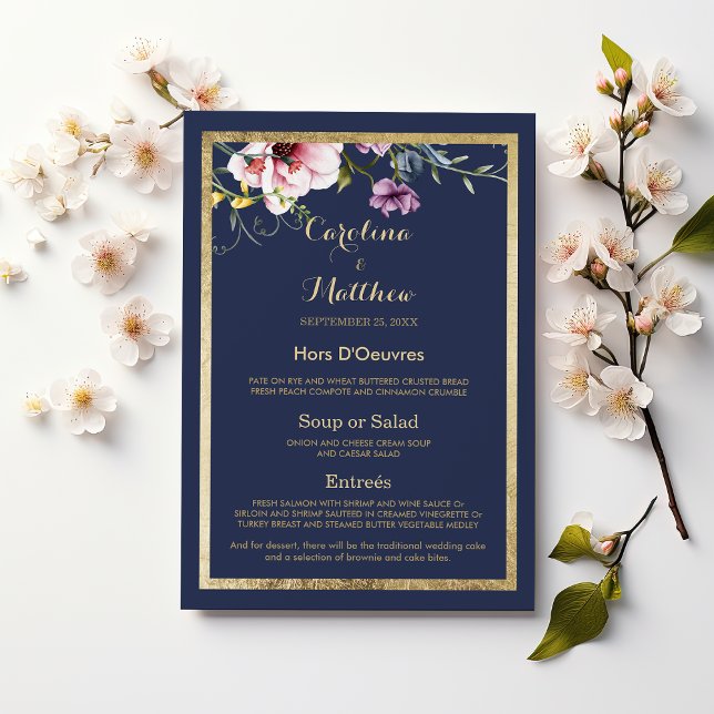 Elegant navy blue gold pink floral Wedding Menu (Elegant navy blue gold pink floral Wedding Menu )