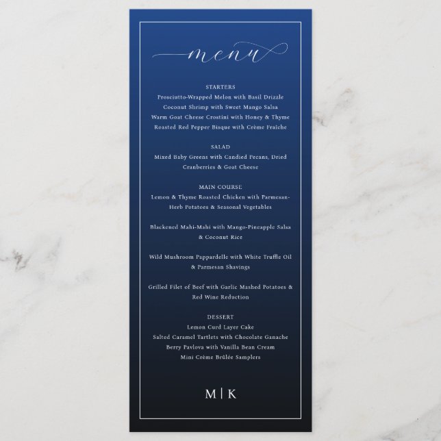 Elegant Navy Blue Minimalist Wedding Menu (Frente)